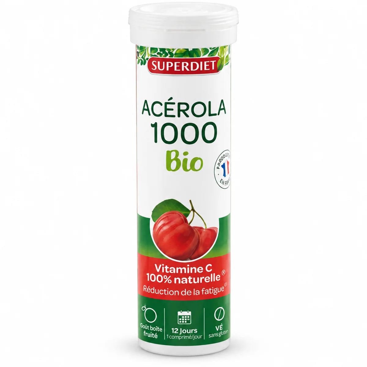 Superdiet Acérola 1000 Bio - Flacon de 24 comprimés effervescents avec étiquette rouge et fruit acérola sur fond blanc