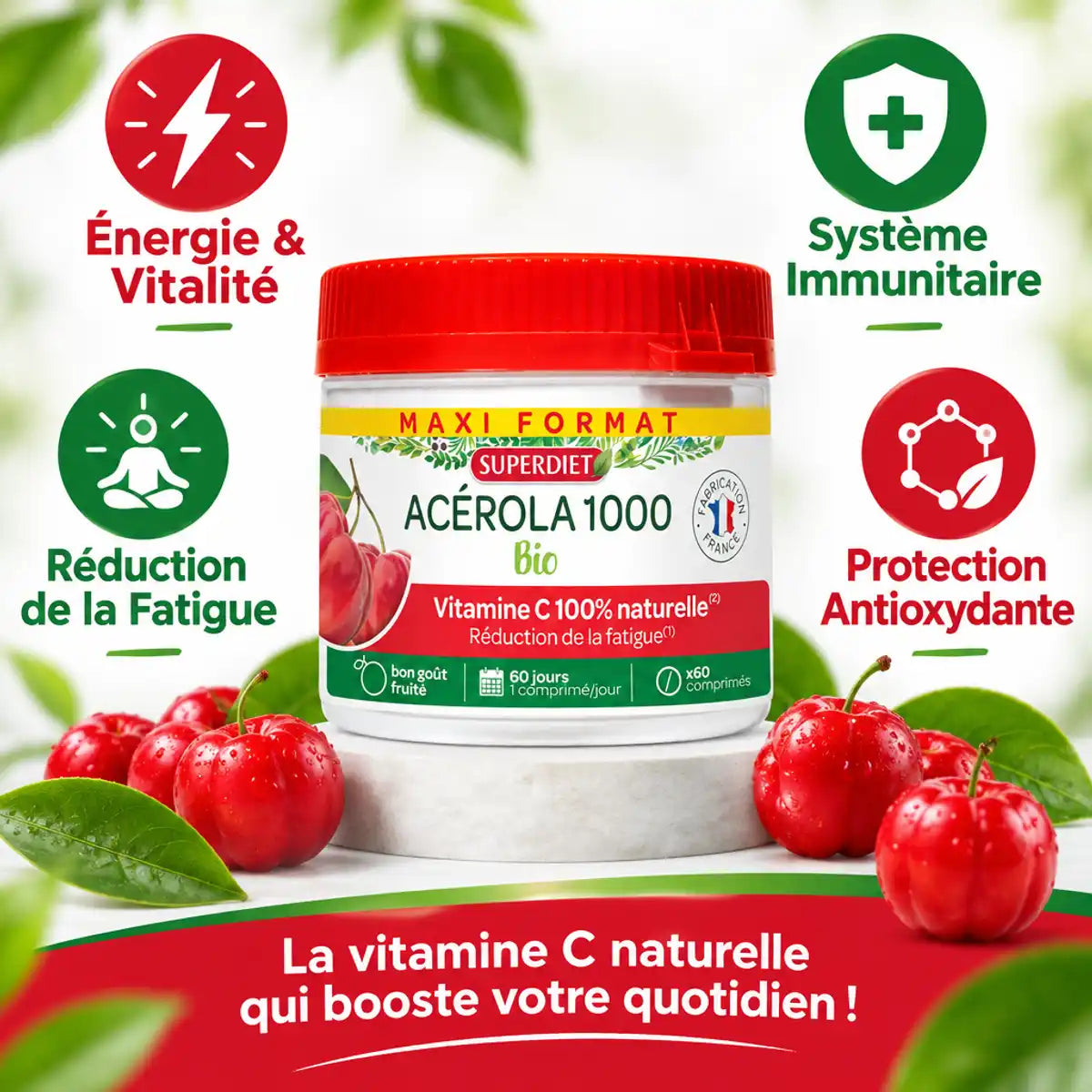 Acérola 1000 Bio Superdiet - Complément vitamine C pour énergie, immunité et antioxydants