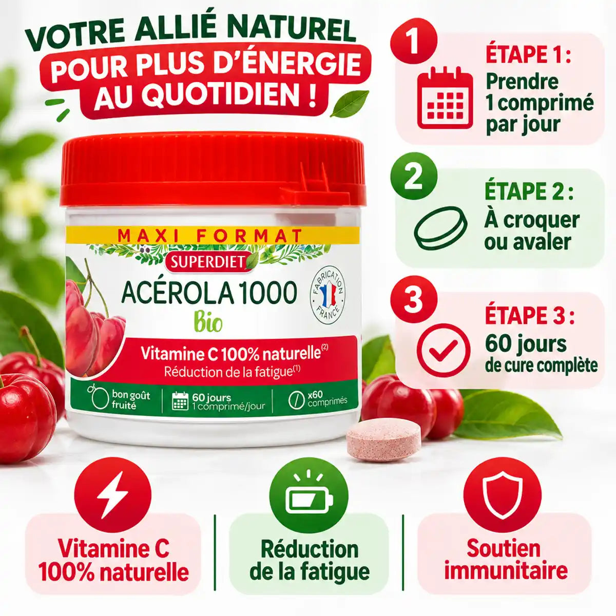 Acérola 1000 Bio Superdiet 60 comprimés vitamine C naturelle immunité fatigue