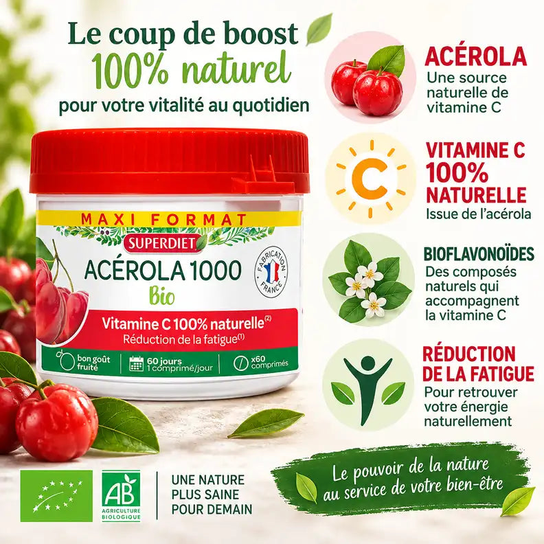 Acérola 1000 Bio Superdiet 60 comprimés vitamine C naturelle anti-fatigue