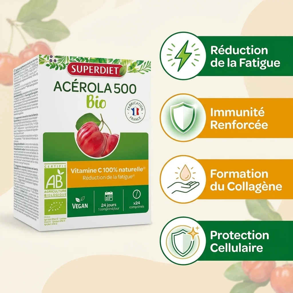 Acérola 500 Bio Superdiet comprimés avec bénéfices : fatigue, immunité, collagène, protection cellulaire