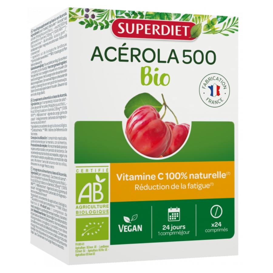 Une boite d'acérola 500 bio de 24 comprimés à croquer de la marque Superdiet