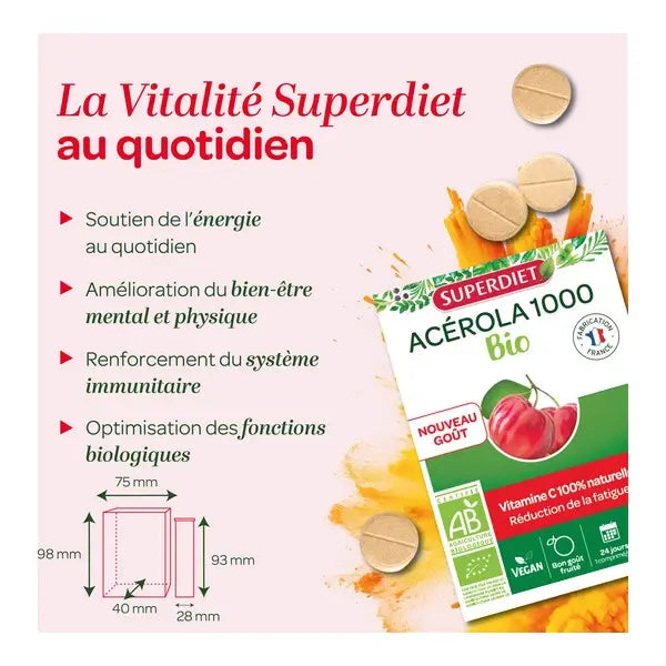 Les bienfaits d'acérola 500 bio en comprimés à croquer de la marque Superdiet