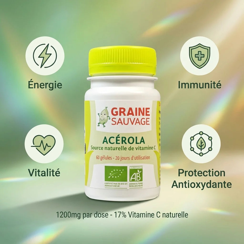 Acérola Bio 60 gélules Graine Sauvage avec bénéfices vitamine C naturelle immunité antioxydants