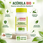 Acérola Bio Graine Sauvage - Flacon avec bénéfices: énergie, immunité, antioxydants, 1200mg