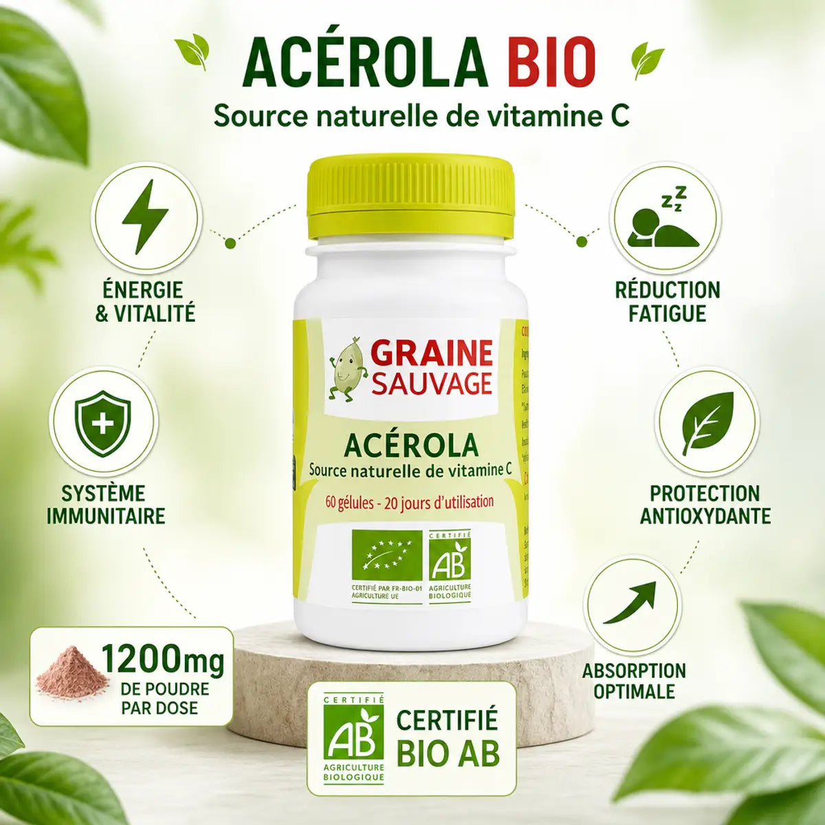 Acérola Bio Graine Sauvage - Flacon avec bénéfices: énergie, immunité, antioxydants, 1200mg