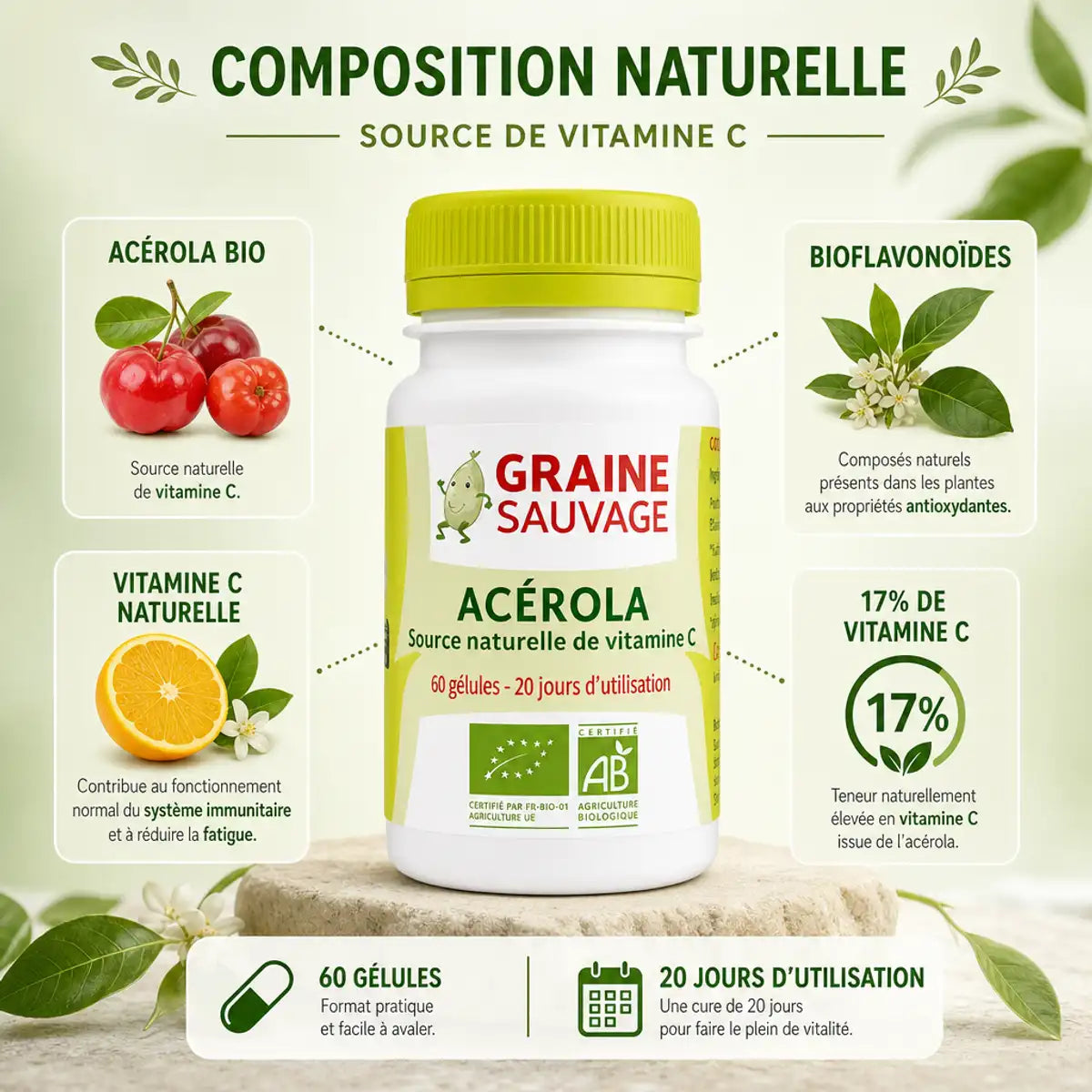 Acérola Bio 60 gélules Graine Sauvage - Vitamine C naturelle avec bioflavonoïdes