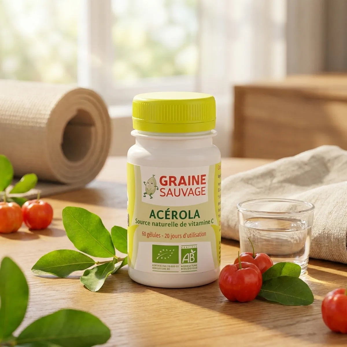 Acérola Bio 60 gélules Graine Sauvage avec baies fraîches et feuilles vertes sur surface naturelle