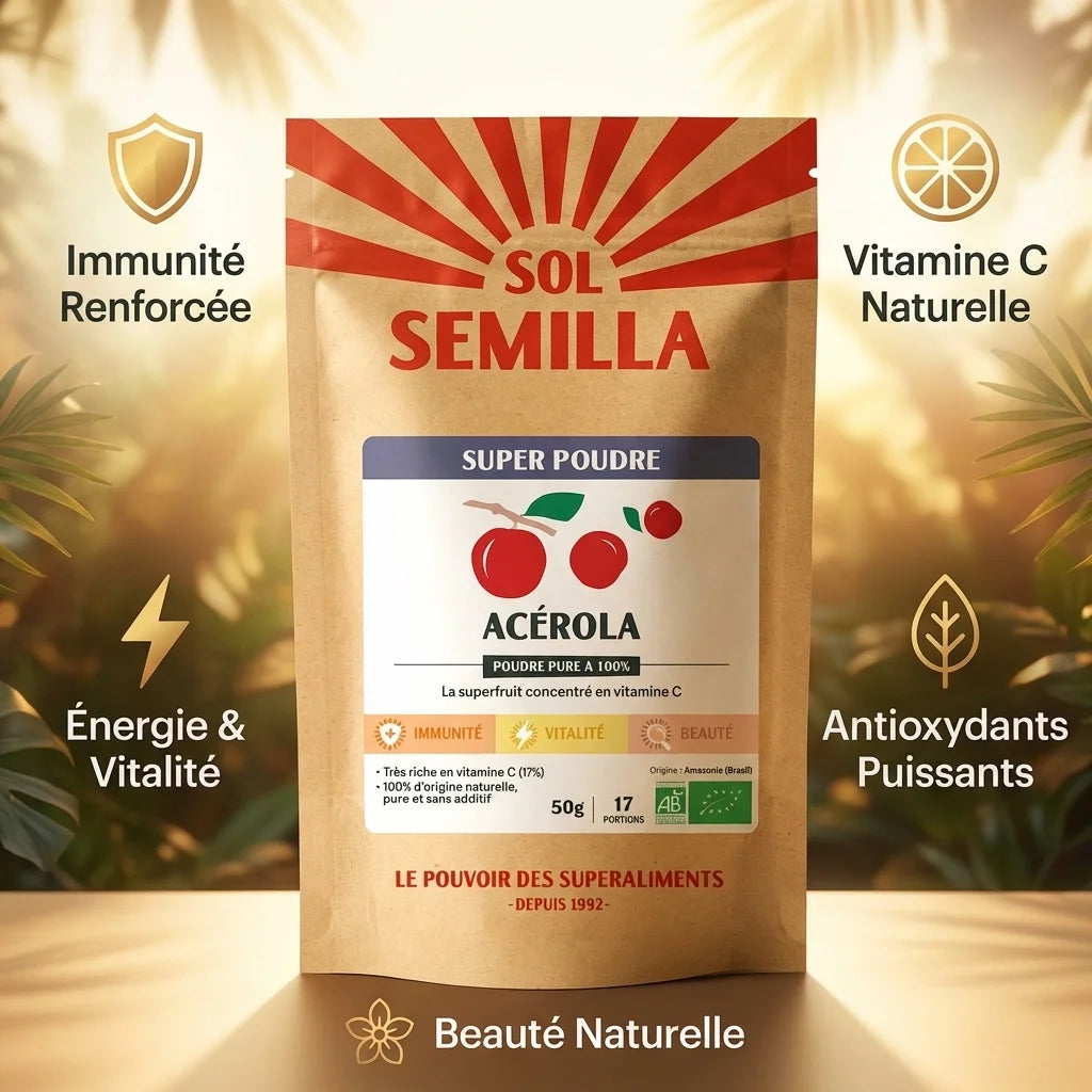 Poudre d'Acérola Bio Sol Semilla 50g avec bénéfices : immunité, vitamine C, énergie et antioxydants