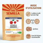 Poudre Acérola Bio Sol Semilla 50g avec mode d'utilisation et posologie recommandée