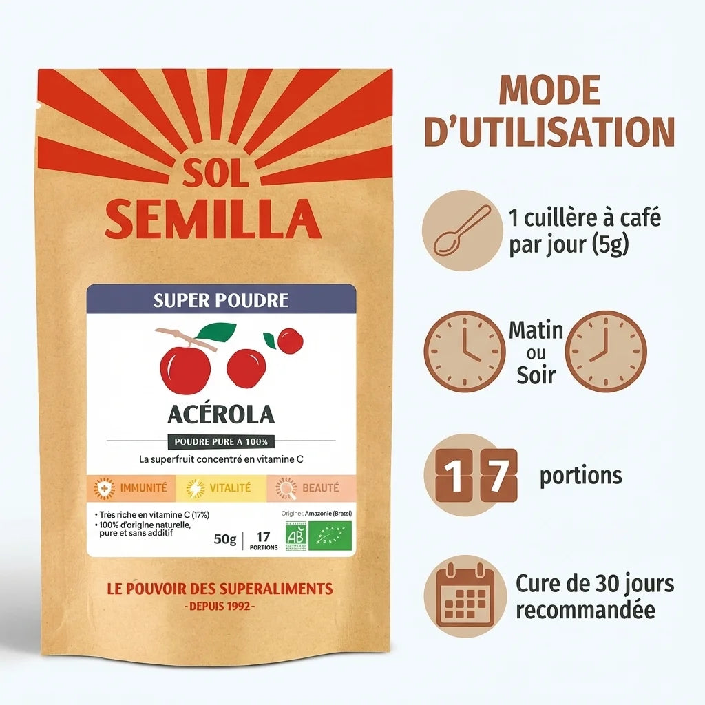 Poudre Acérola Bio Sol Semilla 50g avec mode d'utilisation et posologie recommandée