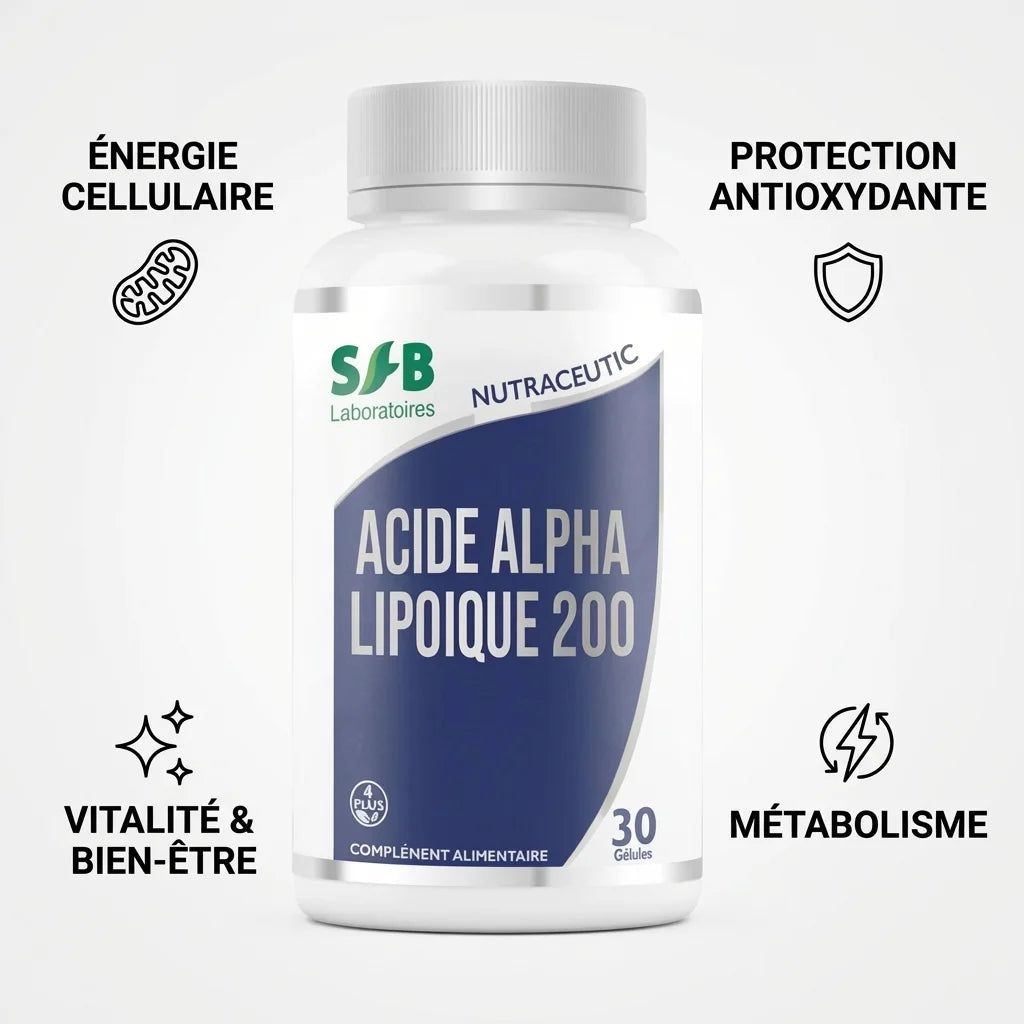 Acide Alpha Lipoïque 200mg SFB Laboratoire - Flacon avec bénéfices: énergie cellulaire, protection antioxydante