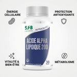 Acide Alpha Lipoïque 200mg SFB Laboratoire - Flacon avec bénéfices: énergie cellulaire, protection antioxydante