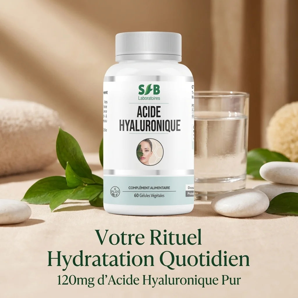 Bouteille Acide Hyaluronique 60 gélules SFB avec feuilles vertes et verre d'eau sur fond minimaliste wellness