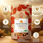 Aguayamanto séché Sol-Semilla 200g avec infographie bénéfices: fibres, antioxydants, énergie et protéines