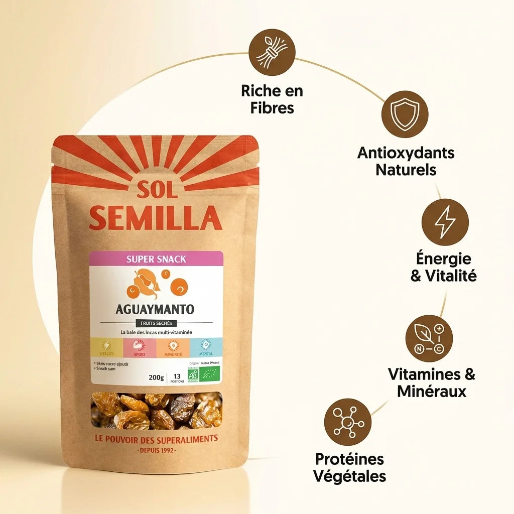 Aguayamanto séché Sol-Semilla 200g avec infographie des bénéfices nutritionnels et santé