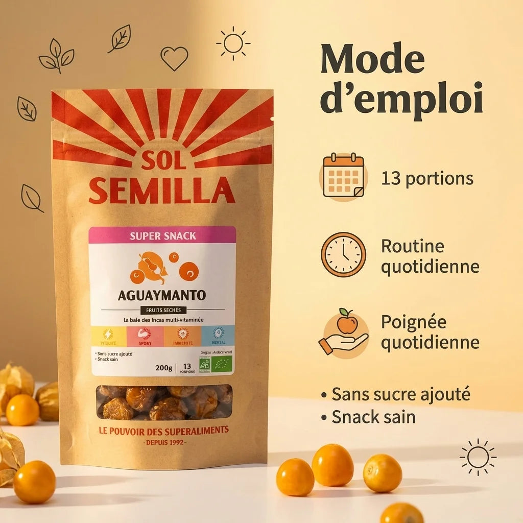Aguayamanto séché Sol-Semilla 200g avec mode d'emploi et portions quotidiennes