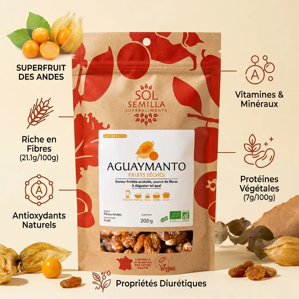 Aguayamanto séché Sol-Semilla 200g avec infographies nutritionnelles fibres antioxydants vitamines