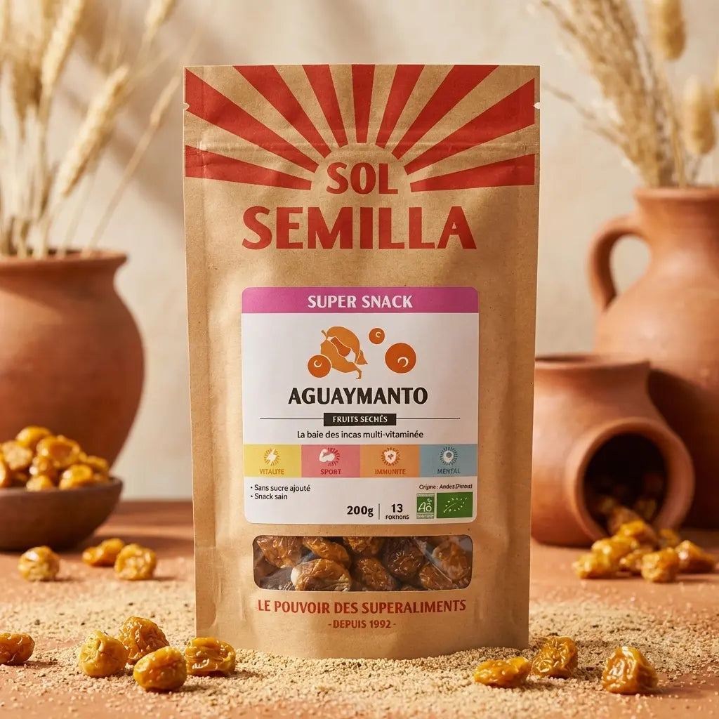 Aguayamanto séché Sol-Semilla 200g - Fruits physalis premium avec emballage et fruits éparpillés sur fond naturel