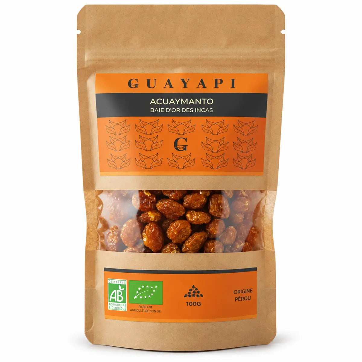 Guayapi Aguaymanto Bio 100g sachet kraft avec baies séchées et certification bio