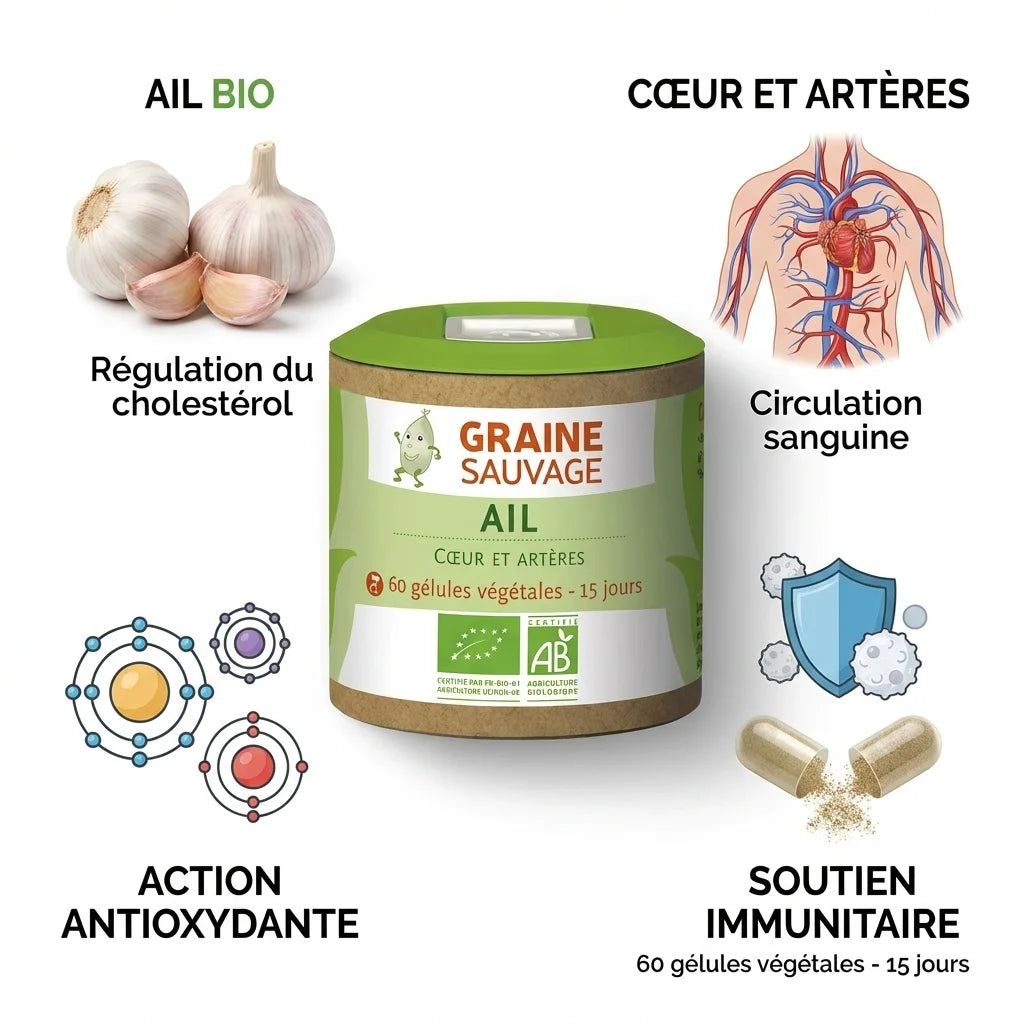 Supplément Ail Bio Graine Sauvage 60 gélules pour santé cardiovasculaire et circulation sanguine