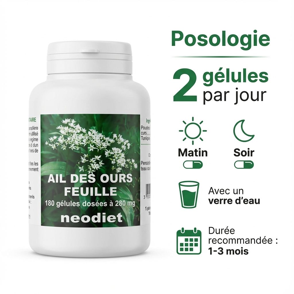 Flacon Neodiet Ail des Ours 280mg avec posologie 2 gélules par jour, matin et soir