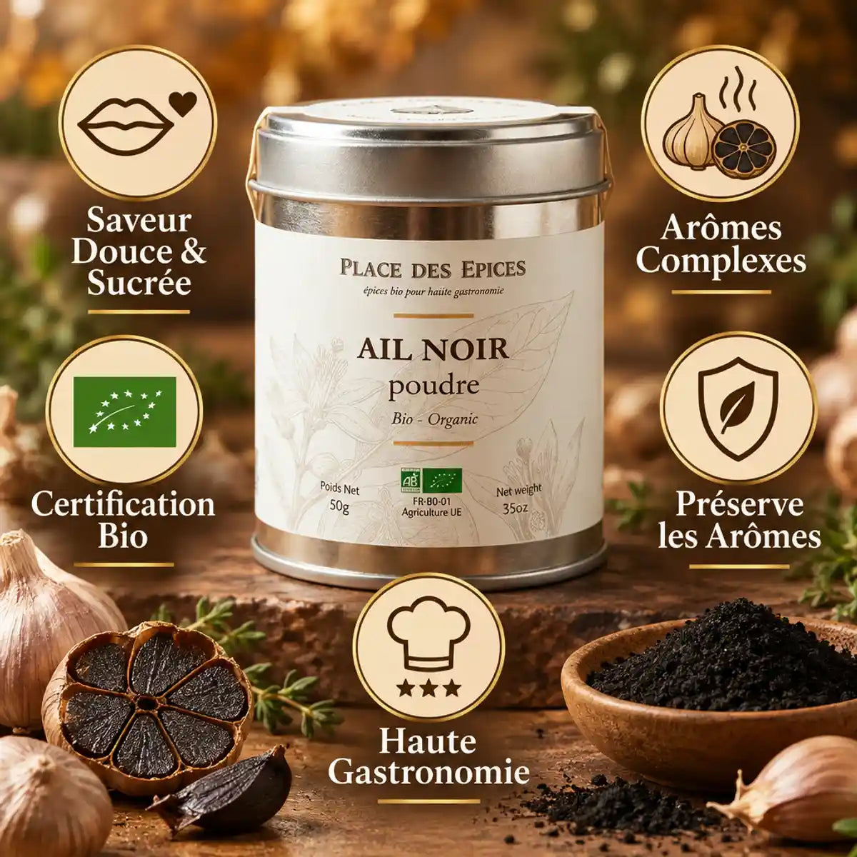 Ail noir bio en poudre Place des Épices 50g avec ses bénéfices : saveur douce, arômes complexes, certification bio