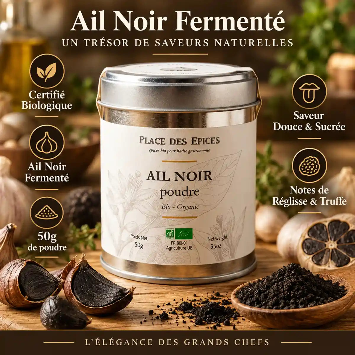 Ail noir poudre bio 50g Place des épices, certifié biologique, fermenté saveur douce