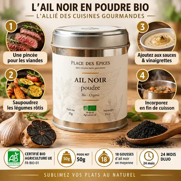 Ail noir en poudre Bio 50g avec guide d'utilisation et certifications agriculture UE Place des épices