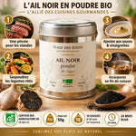 Ail noir en poudre Bio 50g avec guide d'utilisation et certifications agriculture UE Place des épices