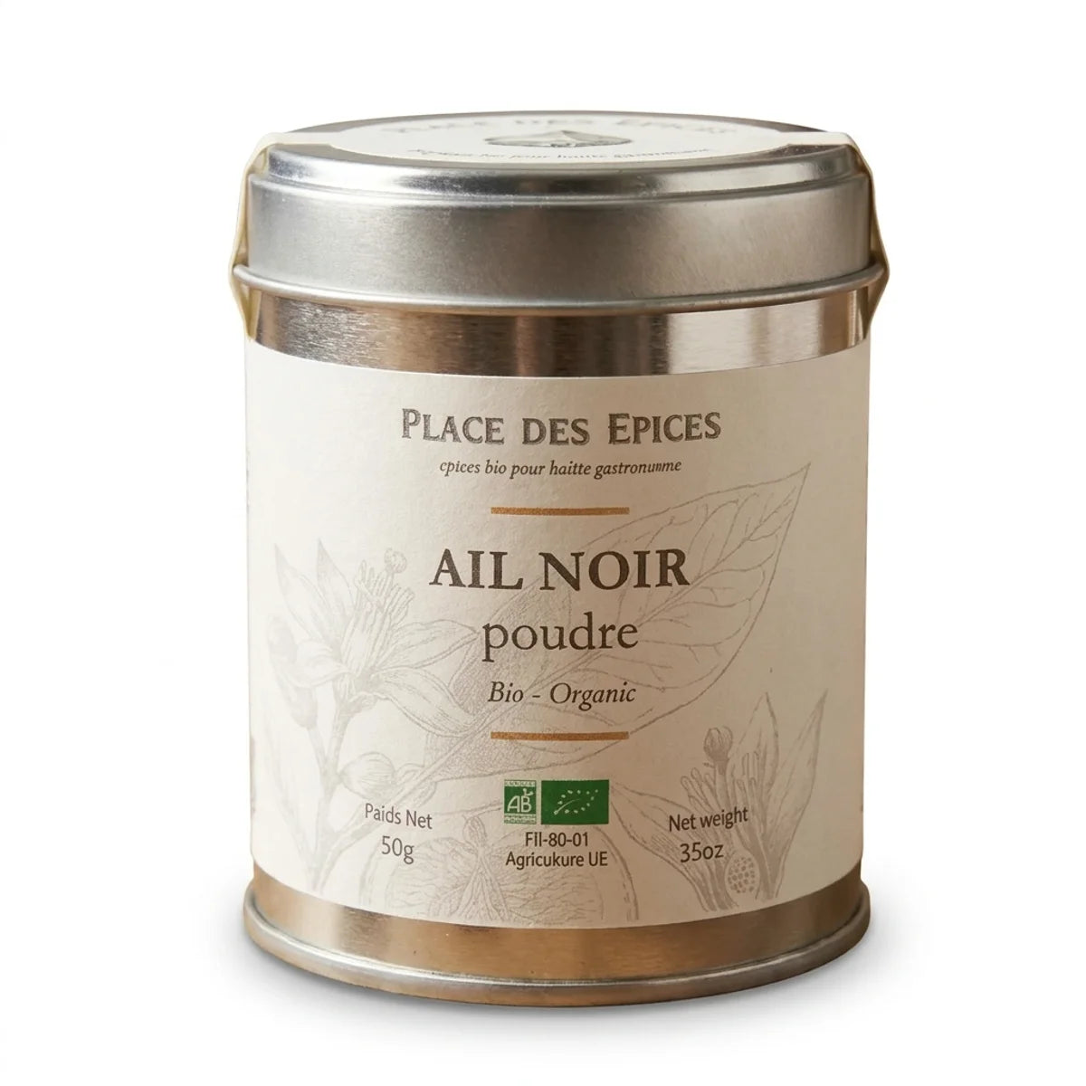 Boîte ail noir en poudre Bio 50g Place des épices, emballage métallique avec étiquette crème