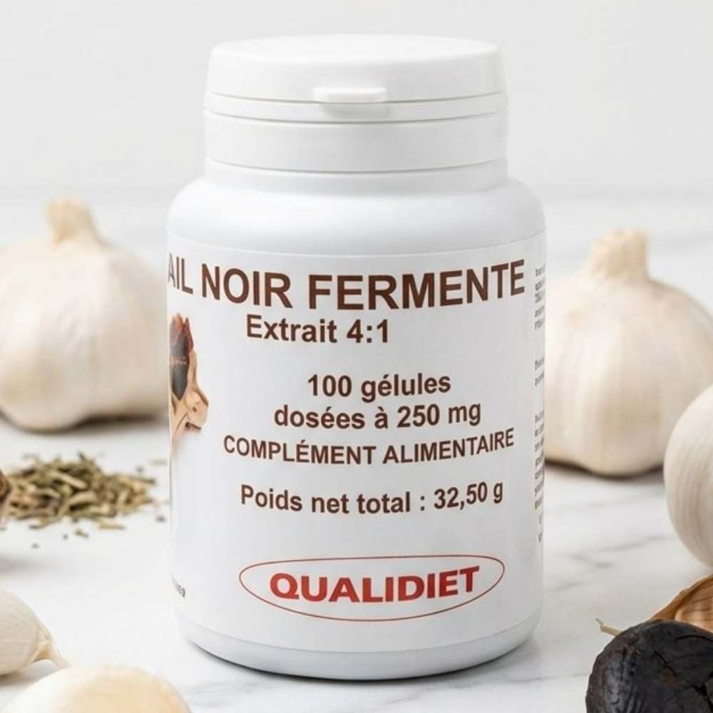 Un pot d'Ail noir fermenté (extrait 4:1) de 100 gélules dosées à 250 mg de VitalOsmose