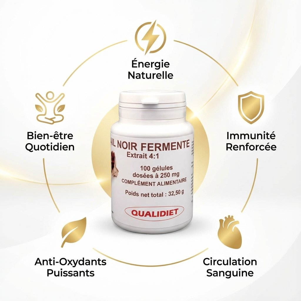 Ail noir fermenté 250mg - Flacon 100 gélules Qualidiet avec 5 bénéfices santé illustrés
