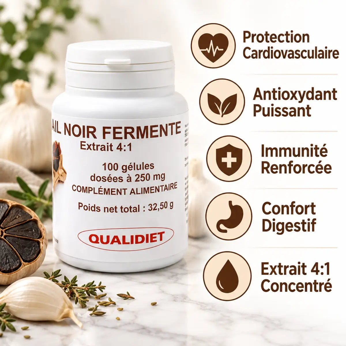 Ail noir fermenté 250mg gélules - Supplément cardiovasculaire antioxydant immunité