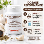 Ail noir fermenté 250mg en gélules avec dosage recommandé et instructions d'utilisation sur marble blanc