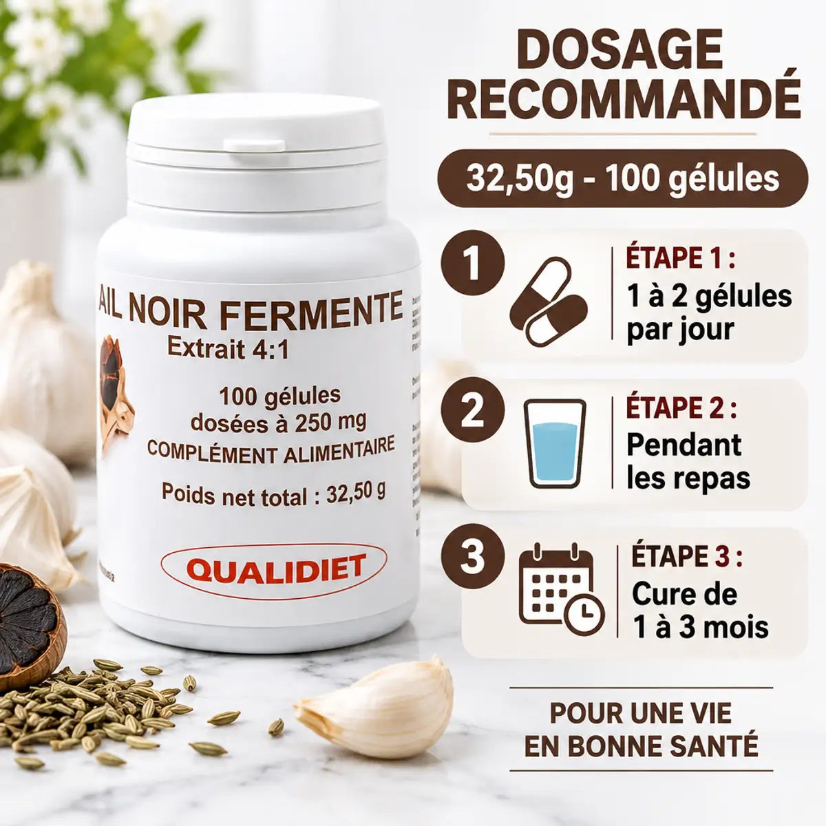 Ail noir fermenté 250mg en gélules avec dosage recommandé et instructions d'utilisation sur marble blanc