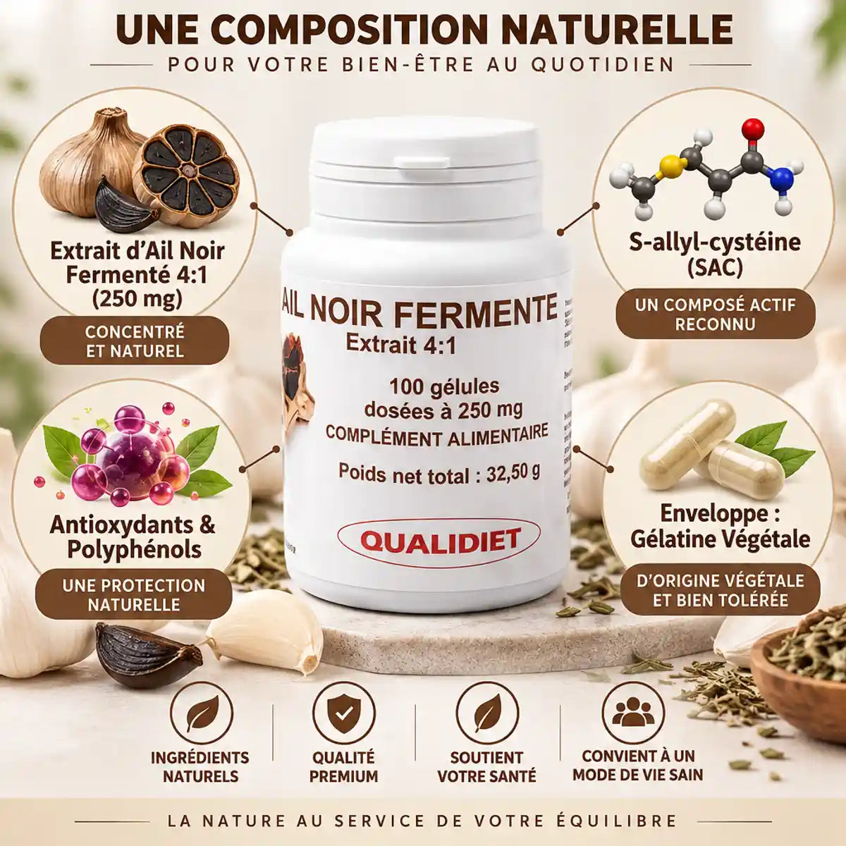 Ail noir fermenté 250mg VitalOsmose - flacon de 100 gélules avec ingrédients actifs