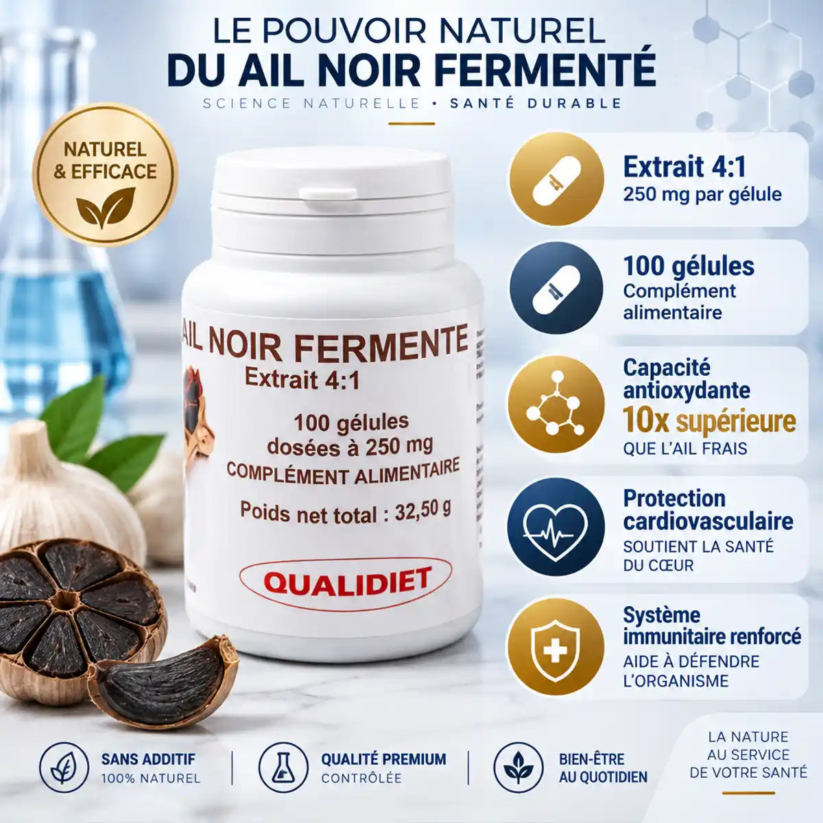 Ail noir fermenté extrait 4:1 250mg - Flacon VitalOsmose 100 gélules antioxydant immunitaire