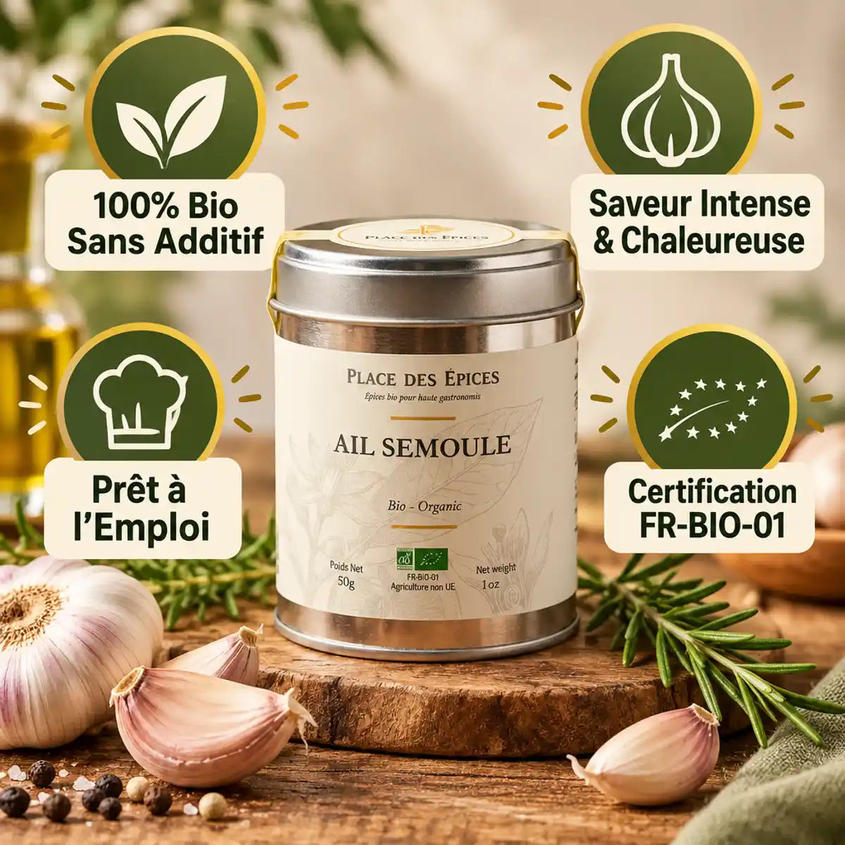 Ail semoule bio 50g Place des Épices avec bénéfices produit et certification FR-BIO-01