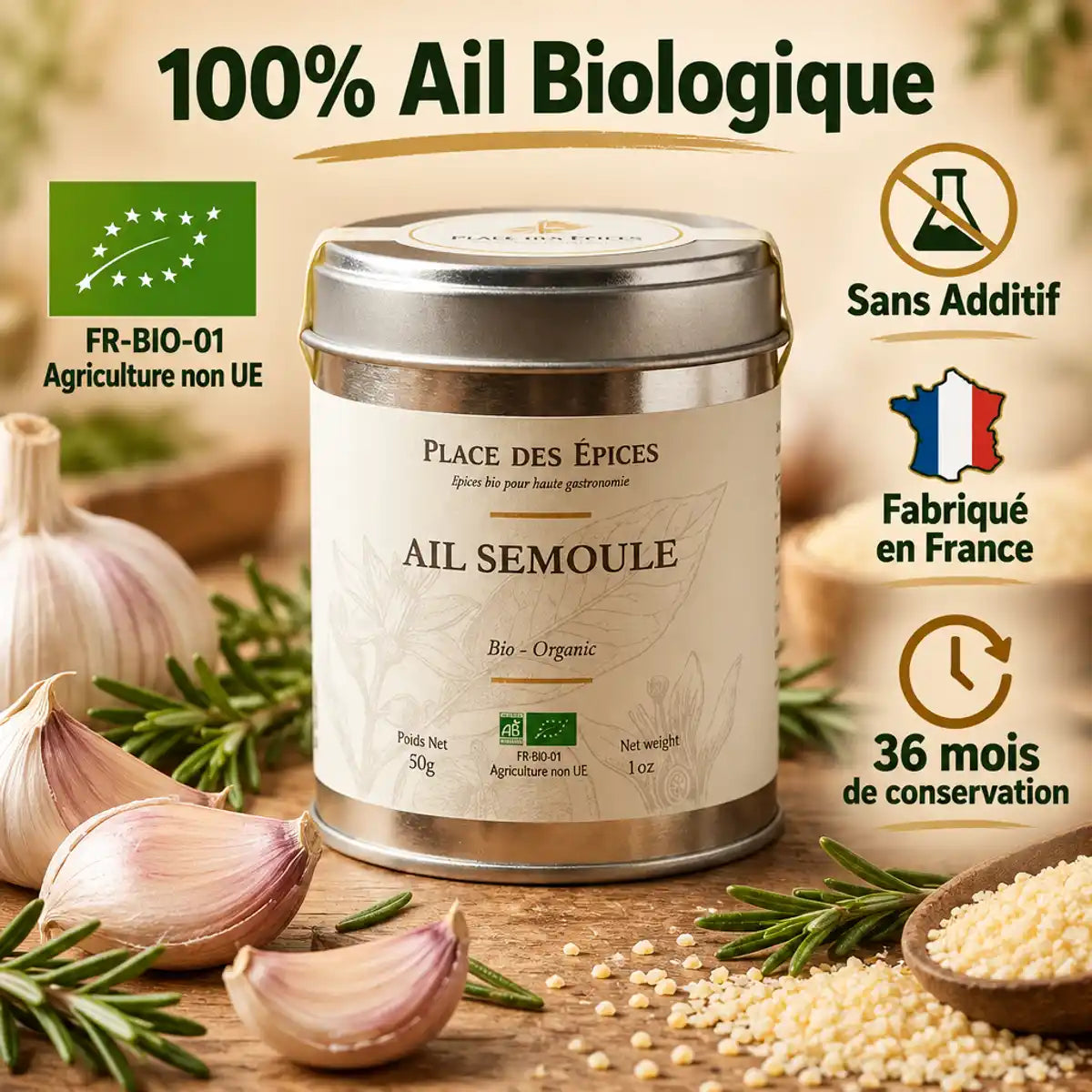 Ail semoule bio 50g Place des épices avec gousses d'ail frais et certifications agriculture biologique