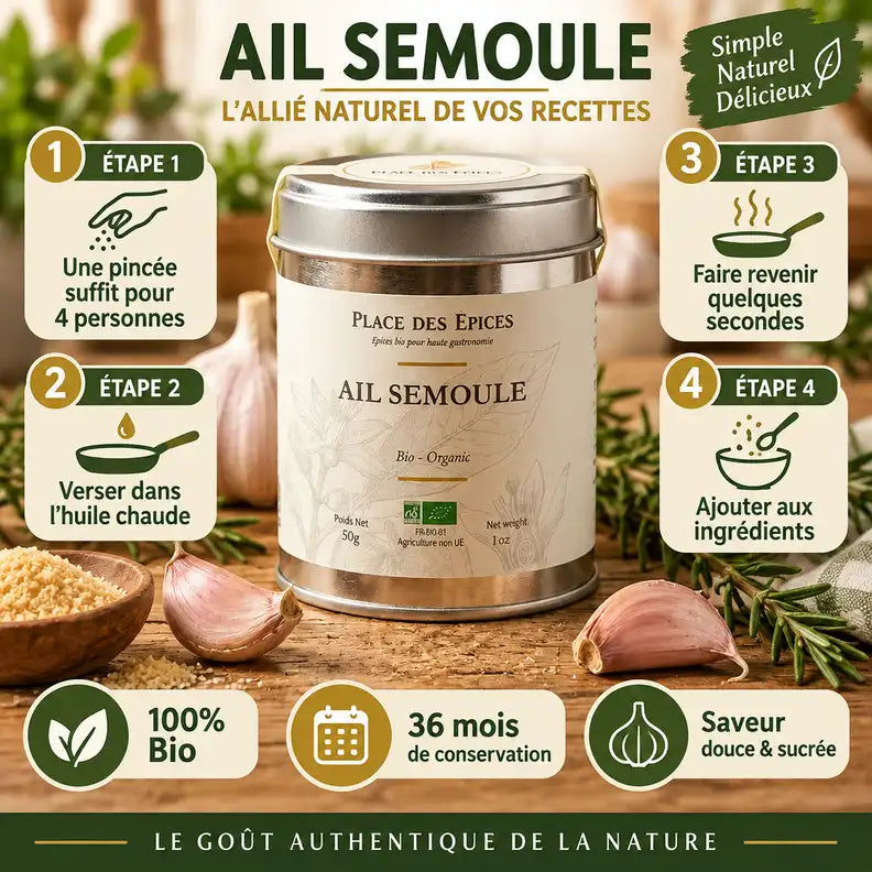 Ail semoule bio 50g Place des épices avec dosage et instructions d'utilisation en français