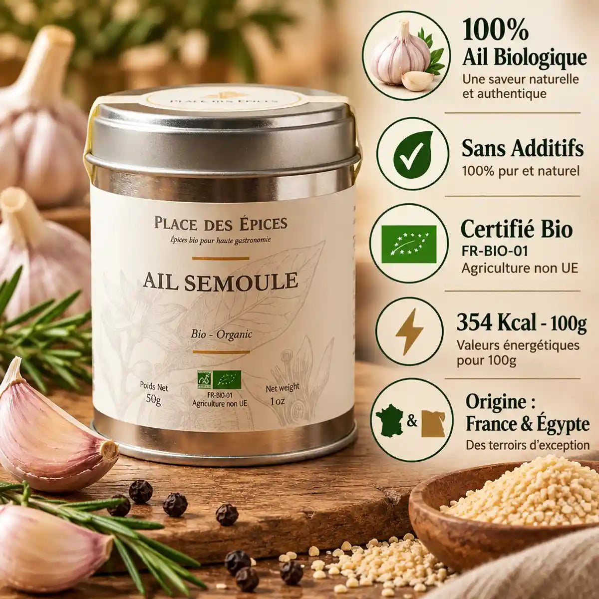 Ail semoule bio 50g Place des Épices avec ail frais, infographie nutritionnelle et certification bio