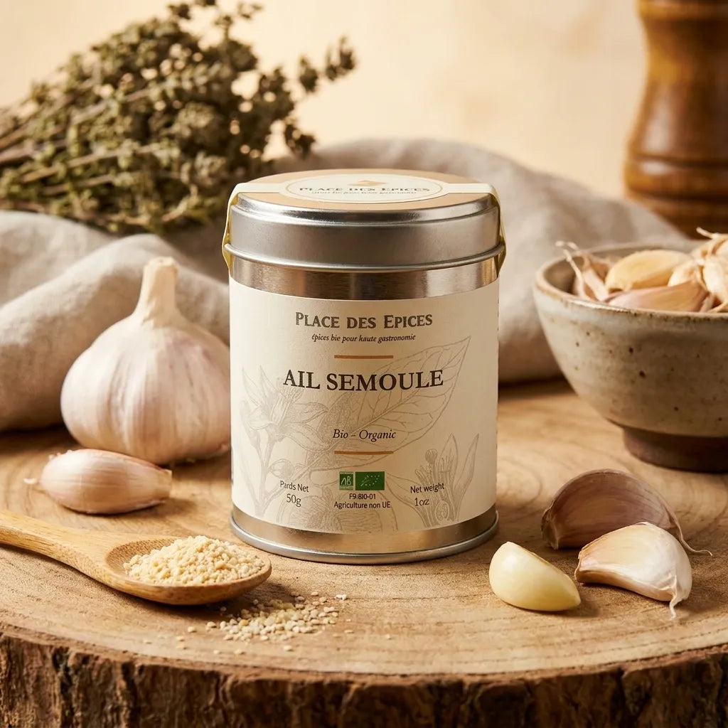 Ail semoule bio 50g Place des épices avec gousses fraîches et cuillère en bois