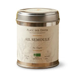 Ail semoule Bio 50g Place des épices en boîte métallique silver sur fond blanc