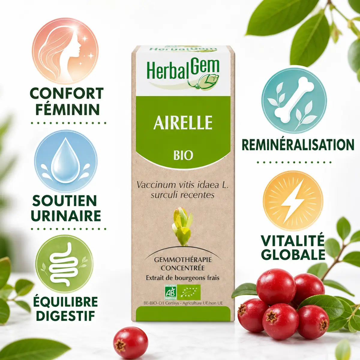 Airelle Bio HerbalGem 30ml avec bénéfices santé féminine et urinaire illustrés