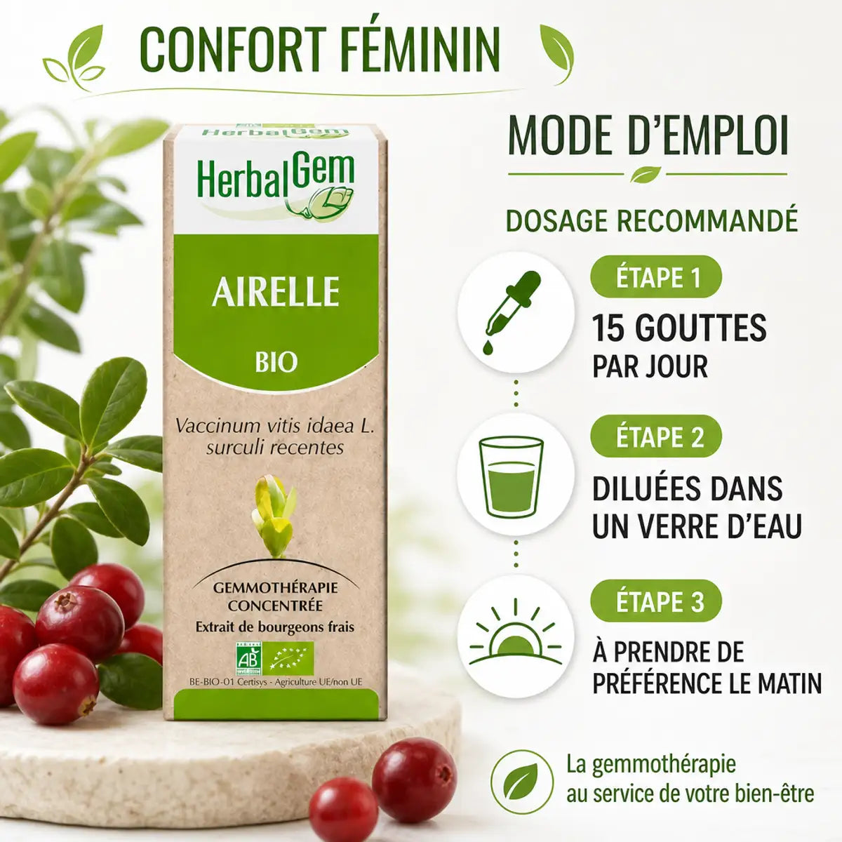Airelle Bio HerbalGem 30ml avec baies rouges, dosage 15 gouttes par jour, confort féminin
