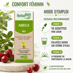 Airelle Bio HerbalGem 30ml avec baies rouges, dosage 15 gouttes par jour, confort féminin