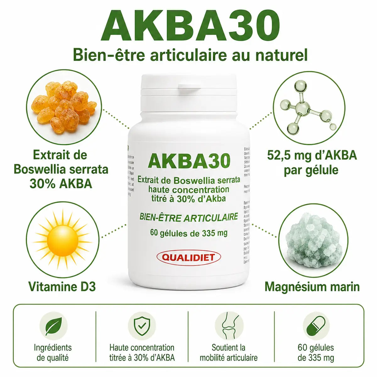 Akba 30 Boswellia serrata 335 mg complément alimentaire avec Vitamine D3 et Magnésium marin