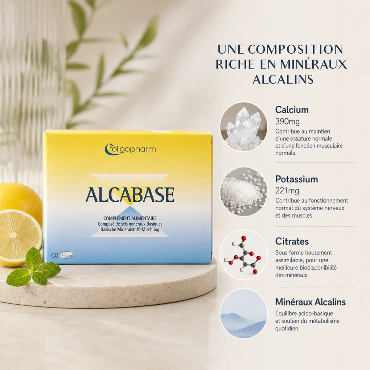 Alcabase 60 comprimés boîte jaune-bleue avec infographie ingrédients calcium potassium équilibre acido-basique