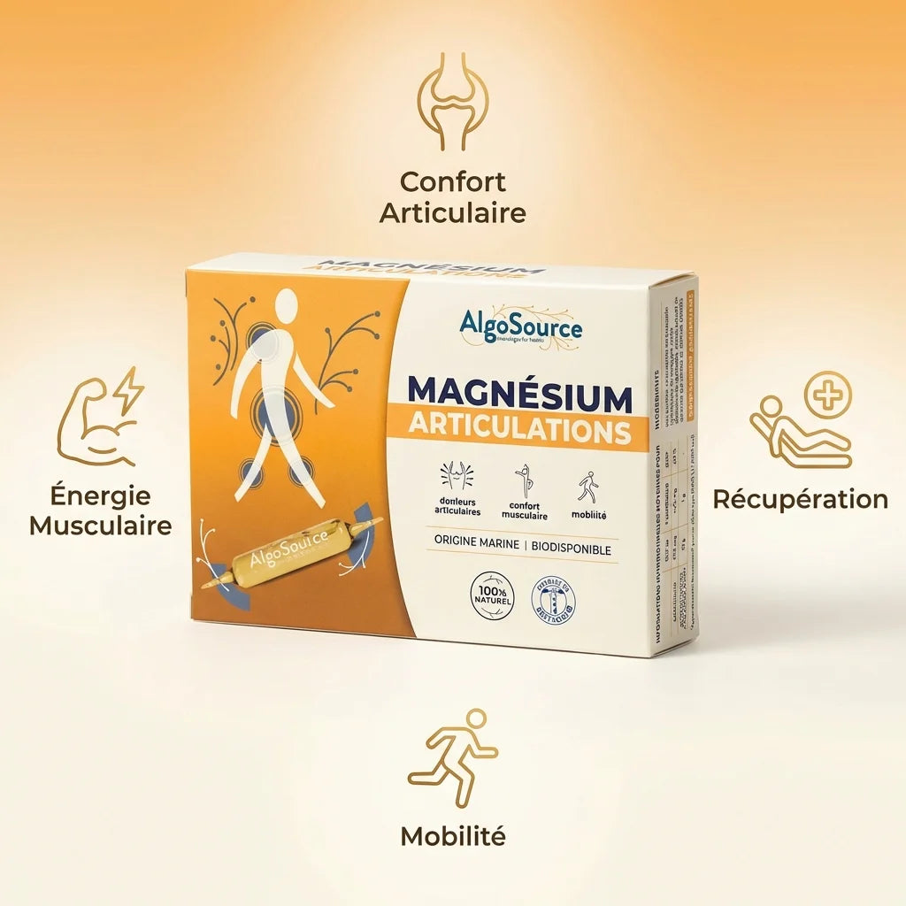 AlgoSource Magnésium Articulations ampoule avec icônes confort articulaire, mobilité et énergie musculaire